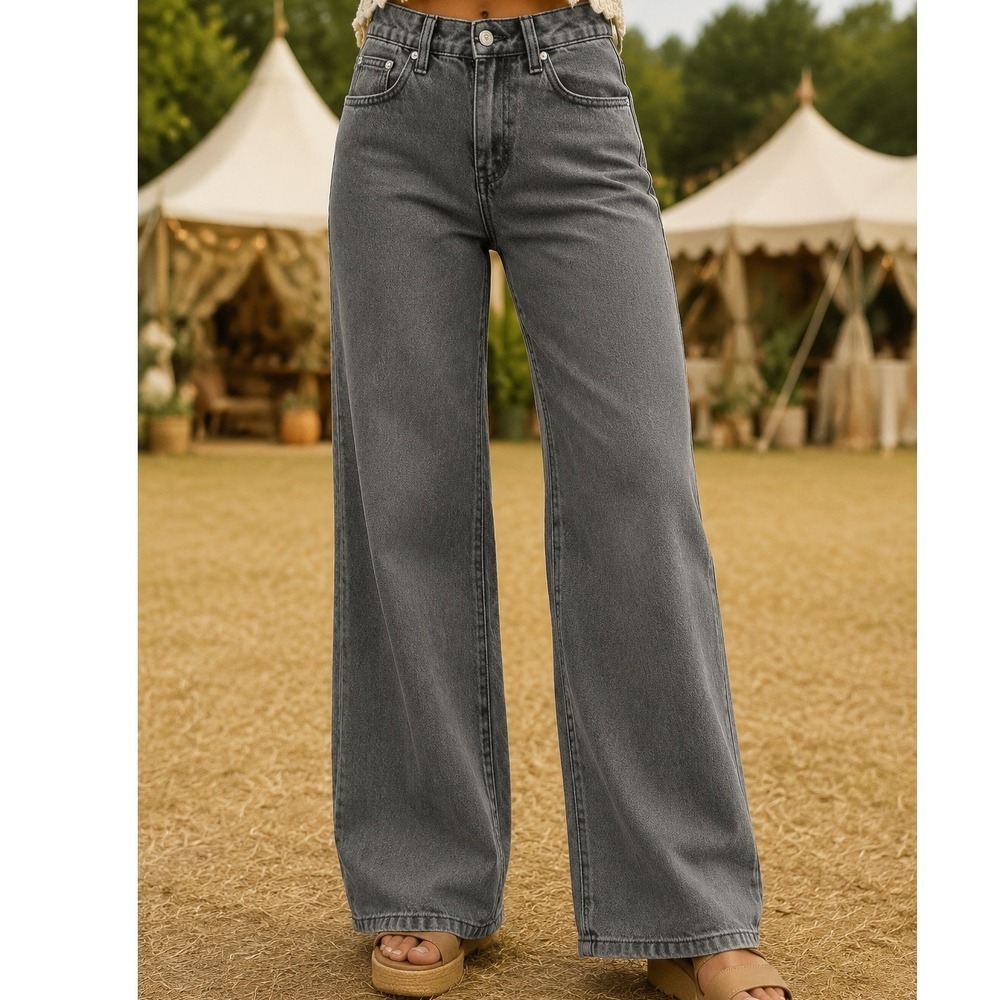 Edikted Womens Wide Leg Jeans Grey Acid Wash Relaxed Fit Denim Pants Size 5